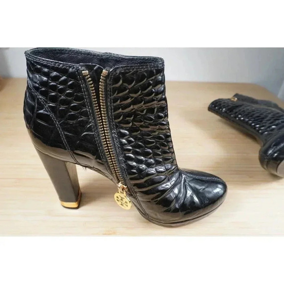 Women’s Tory Burch Leigh Croc Embossed Ankle Boots Size 7M Patent Leather *AS IS - Picture 5 of 11